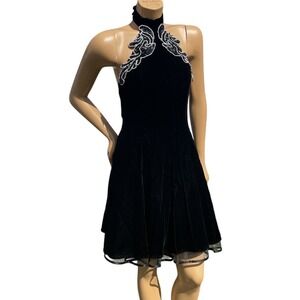 Vintage 80s TNB Black Crushed Velvet Beaded Sequin Mesh Formal Halter Dress